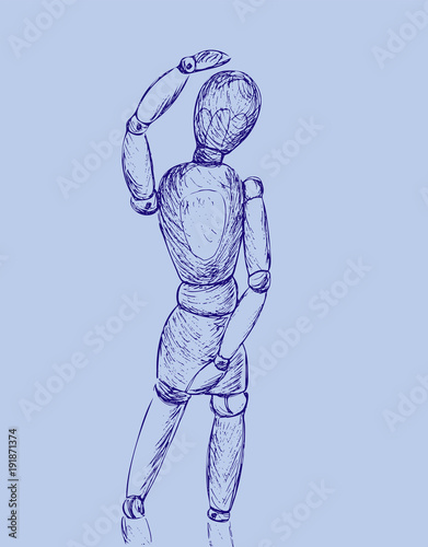 Hand drawn sketch of wooden doll gestalta isolated on light blue background. Ink line vector illustration on Mannequin. Vintage engraving.