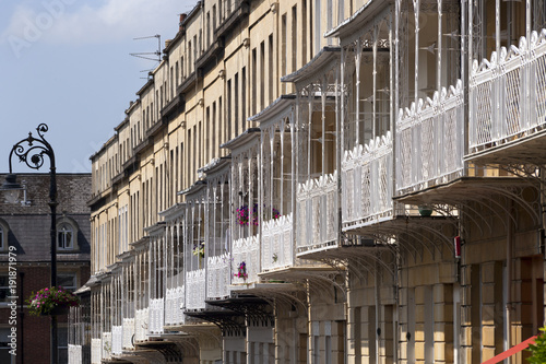 Ornate ironwork on the balconies that decorate the terraces of historic houses in the Clifton area of the City of Bristol, UK photo