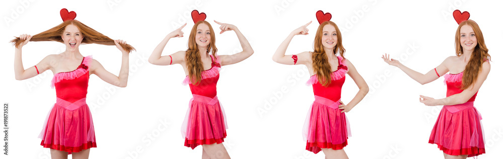Pretty young model in mini pink dress isolated on white Pretty young model in mini pink dress isolated on white