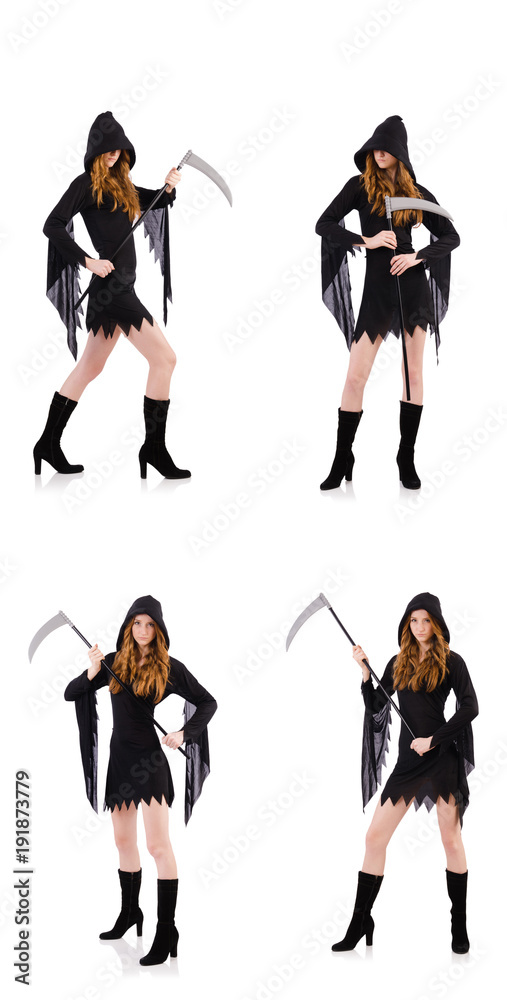 Young witch with scythe isolated on white Young witch with scythe isolated on white