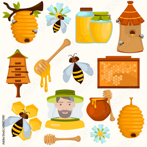 Honey making color flat icons set