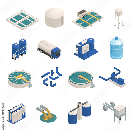 Wastewater Purification Isometric icons Set
