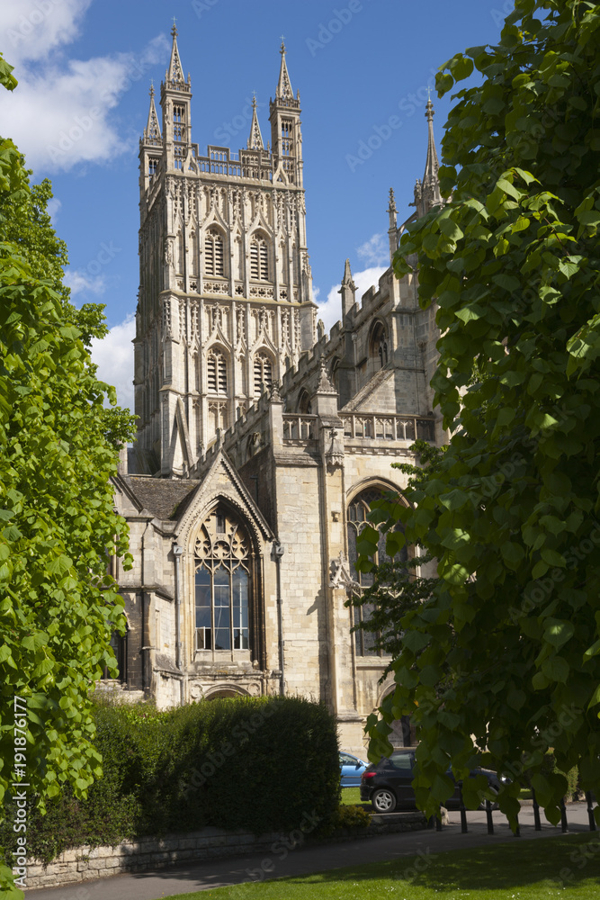 The tower of Gloucester cathedral in spring sunshine, Gloucestershire, UK