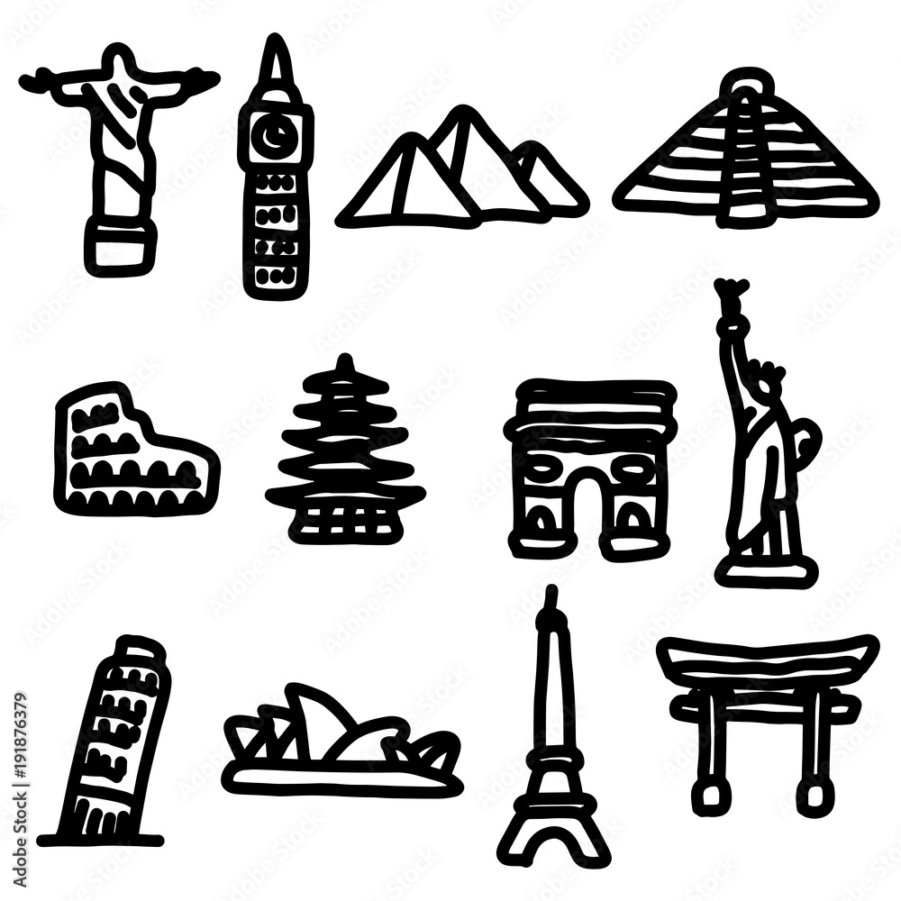 travel landmarks around the world icon set vector illustration sketch hand drawn with big black lines, isolated on white background