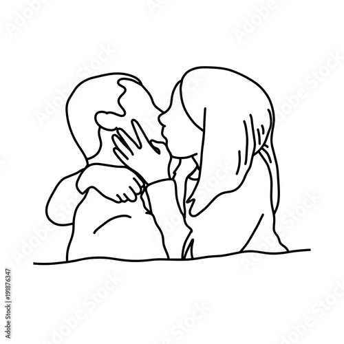 lovers kiss together vector illustration sketch hand drawn with black lines, isolated on white background