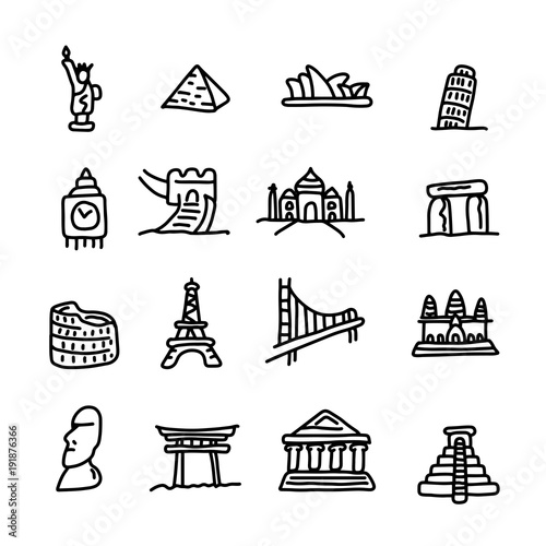 set of travel landmarks icon set vector illustration sketch hand drawn with black lines, isolated on white background