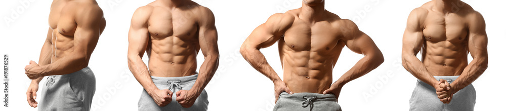 Collage with muscular young bodybuilder on white background