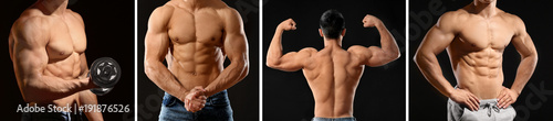 Collage with muscular young bodybuilder on black background