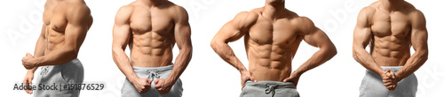 Collage with muscular young bodybuilder on white background