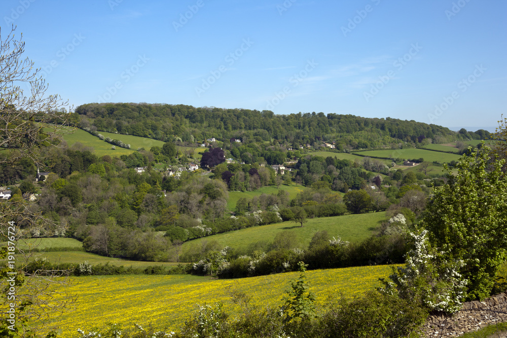 The idyllic rural Slad Valley in spring sunshine, Cotswolds, Gloucestershire, UK.