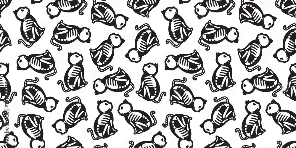 Fototapeta premium Cat seamless pattern Halloween vector cat Skull skeleton bone Ghost isolated wallpaper background doodle