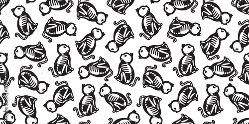Cat seamless pattern Halloween vector cat Skull skeleton bone Ghost isolated wallpaper background doodle