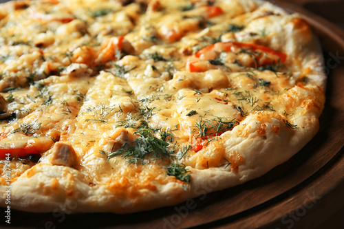 Delicious cheese pizza, closeup. Fresh from oven