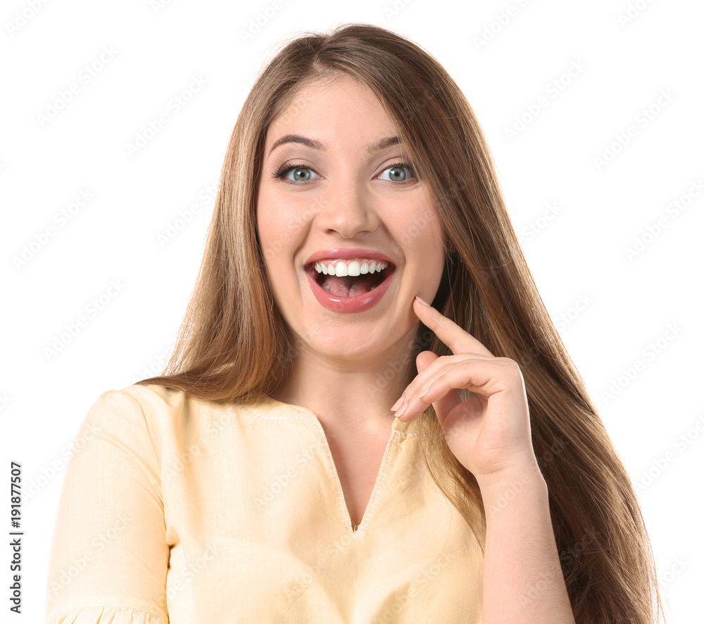 Portrait of beautiful happy woman on white background Portrait of beautiful happy woman on white background