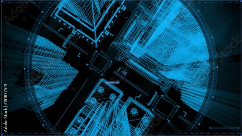 Wireframe City Tracking Target, With Blue Background, Top View from above, Pursuing The Target