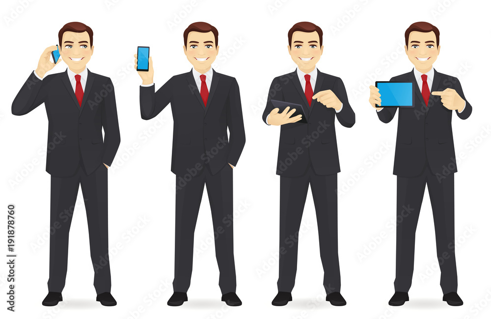 Businessman with gadgets in different poses vector collection illustration
