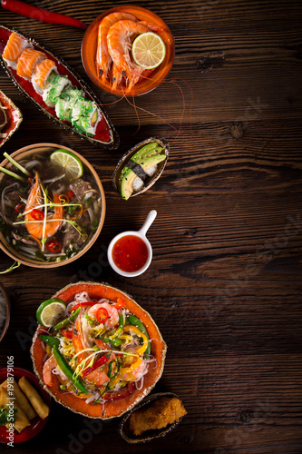 Various of asian meals on rustic background , top view , place for text.