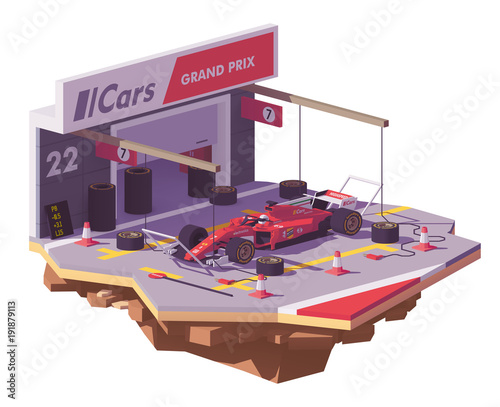 Obraz na płótnie Vector low poly racing car and pit stop w salonie