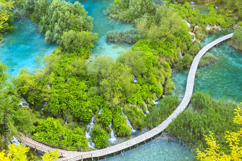 Aerial view on Plitvice lakes and waterfalls, Croatia