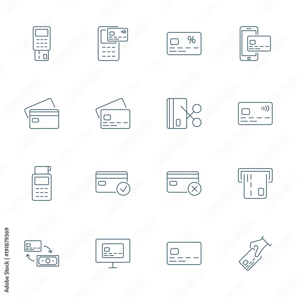 Credit card set of vector icons outline style Credit card set of vector icons outline style