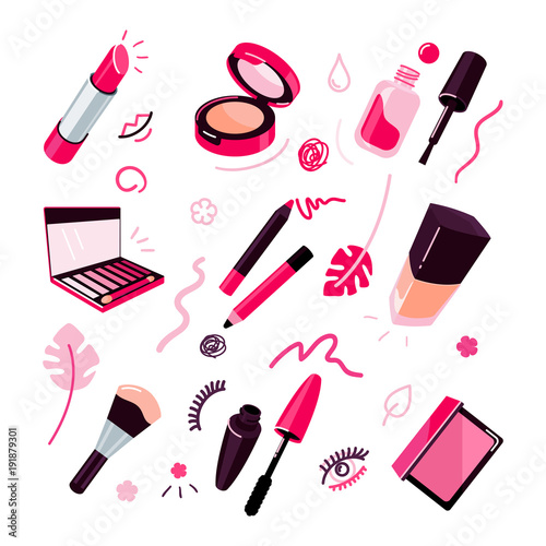 Cosmetics vector illustration, make up objects flat style