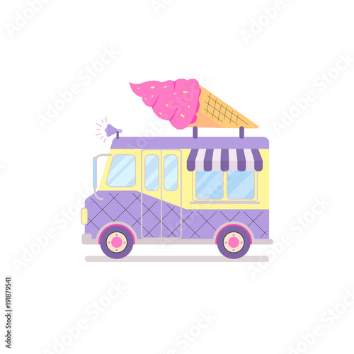 Cartoon bright truck and pink ice cream cone from above isolated on white background. Cute vector illustration in flat style. Doodle food concept for design t-shirt print, poster, icon, card, stickers