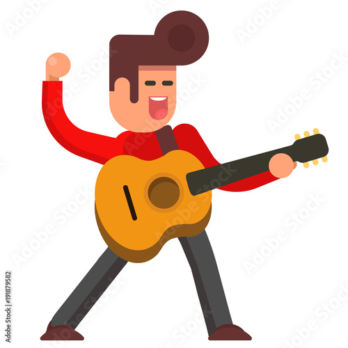 Excited young man with acoustic guitar.  Musician man.