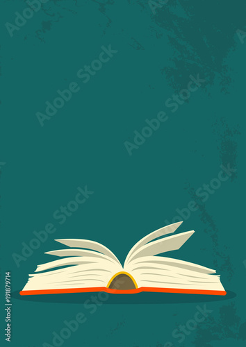 Open book on teal grunge background. Education vector illustration with place for your text.