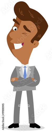 Vector illustration of a confident asian cartoon businessman winking and standing with arms crossed isolated on white background