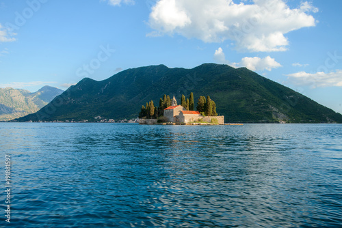 mountain architectural landscape, view from the sea to the village of Perast, Montenegro