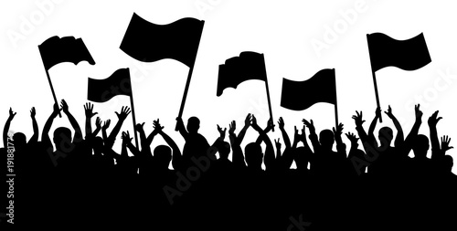 Applause crowd silhouette, cheerful people. Sports fans with flags