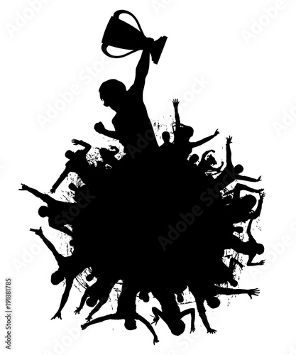 Cheerful crowd of people silhouette. Victory in the sports championship, the man holds the cup. Applause, fans crowd. Poster, emblem, symbol, banner