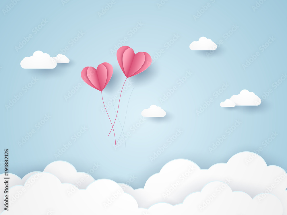 Valentines day, Illustration of love, pink heart balloons flying in the blue sky, paper art style