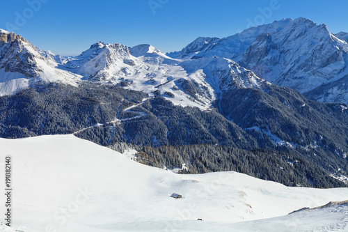 Italian Dolomites in Winter from Val di Fassa Ski Area  Trentino-Alto-Adige region  Italy