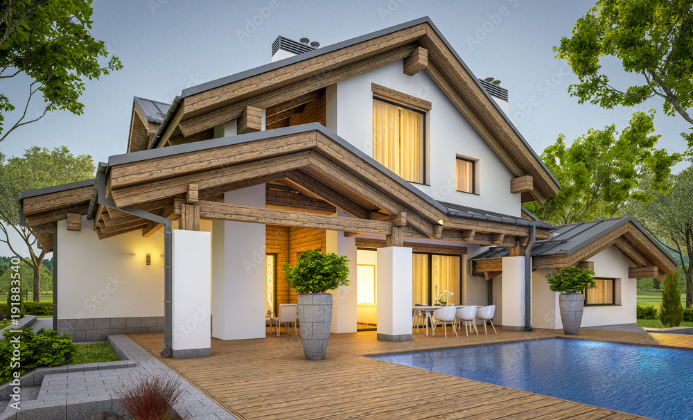 Fototapeta premium 3d rendering of modern cozy house in chalet style