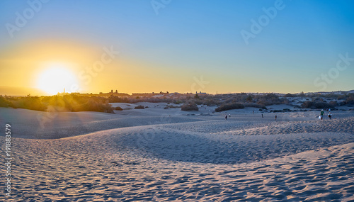 Sunset over sand dunes on Canary islands   Maspalomas - Spain 