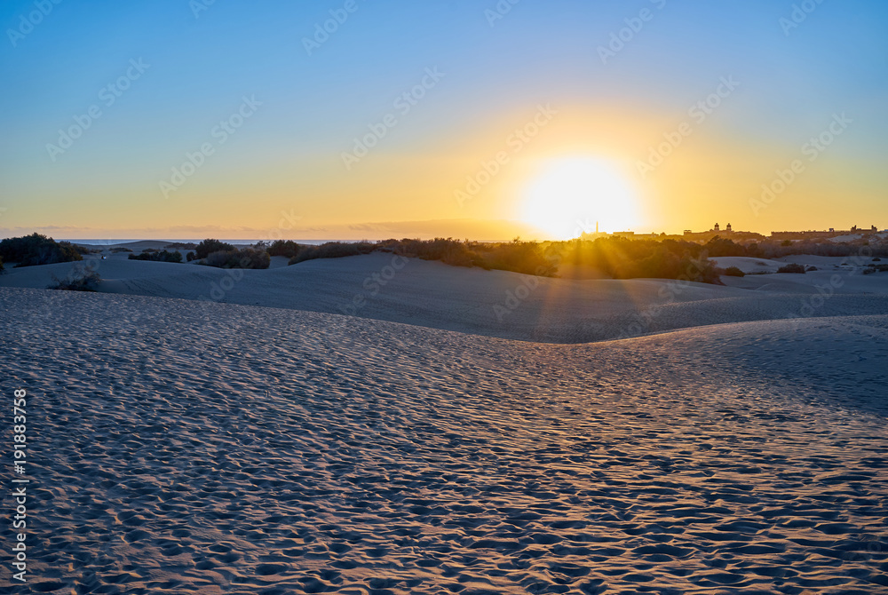 Sunset over sand dunes on Canary islands / Maspalomas - Spain 