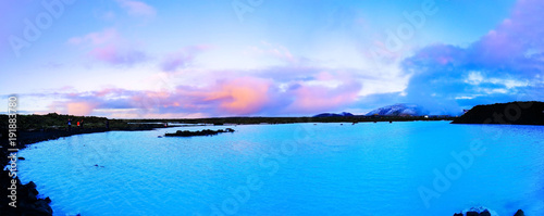View of the Blue Lagoon at dusk in Iceland.
