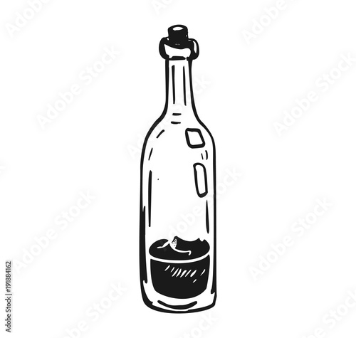 Hand drawn bottle and of red wine. Creative ink art work. Doodle style alcohol illustration