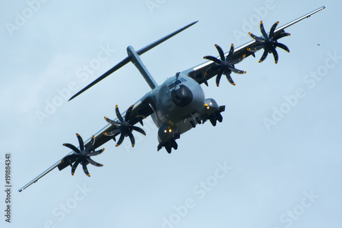 large RAF Airbus A400 M Atlas transport plane flying head on to camera