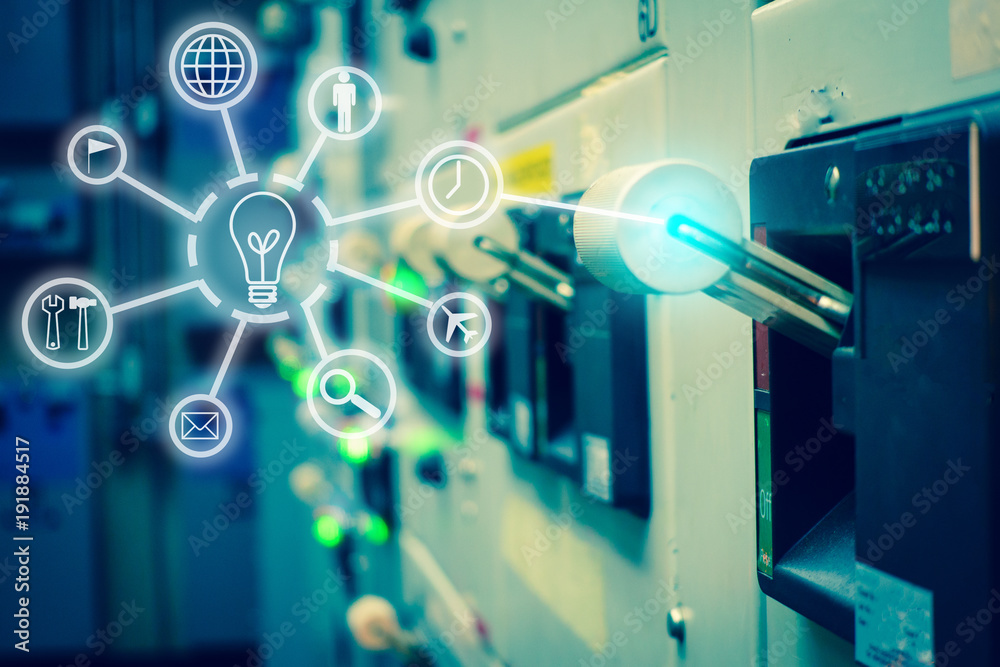 Electrical switchgear room with digital icons in electrical switch