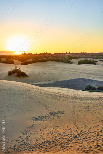 Sunset over sand dunes on Canary islands   Maspalomas - Spain 