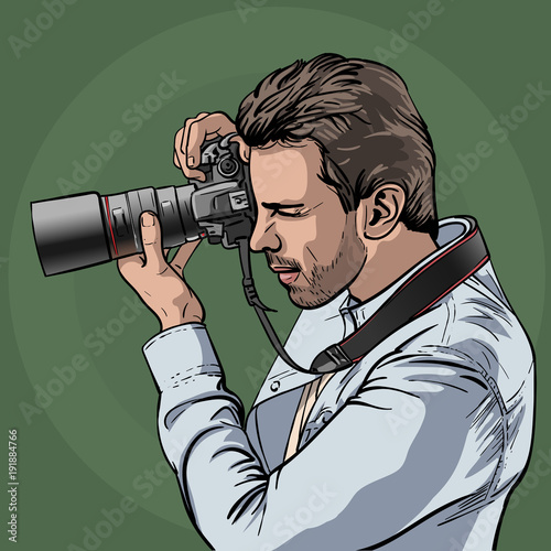 The photographer is at work. Portrait of a photographer looking into the lens. Illustration.