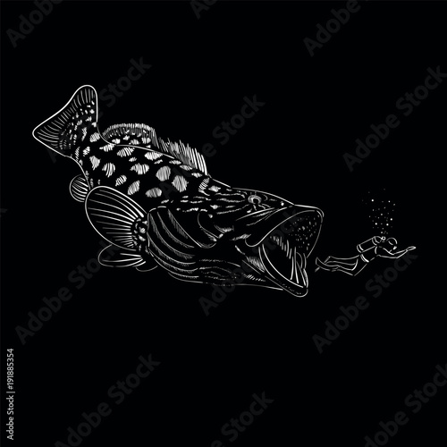 The Vector logo fish or T-shirt design or outwear.  Hunting tattoo fish  style background.