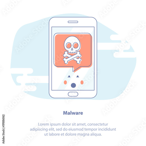 Flat line icon concept of Malware notification. Vector illustration of bubble speech red alert, concept of spam data, fraud internet error message, insecure connection, online scam, virus. 