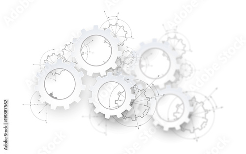 Gears in engagement. Engineering drawing abstract industrial background with a cogwheels.