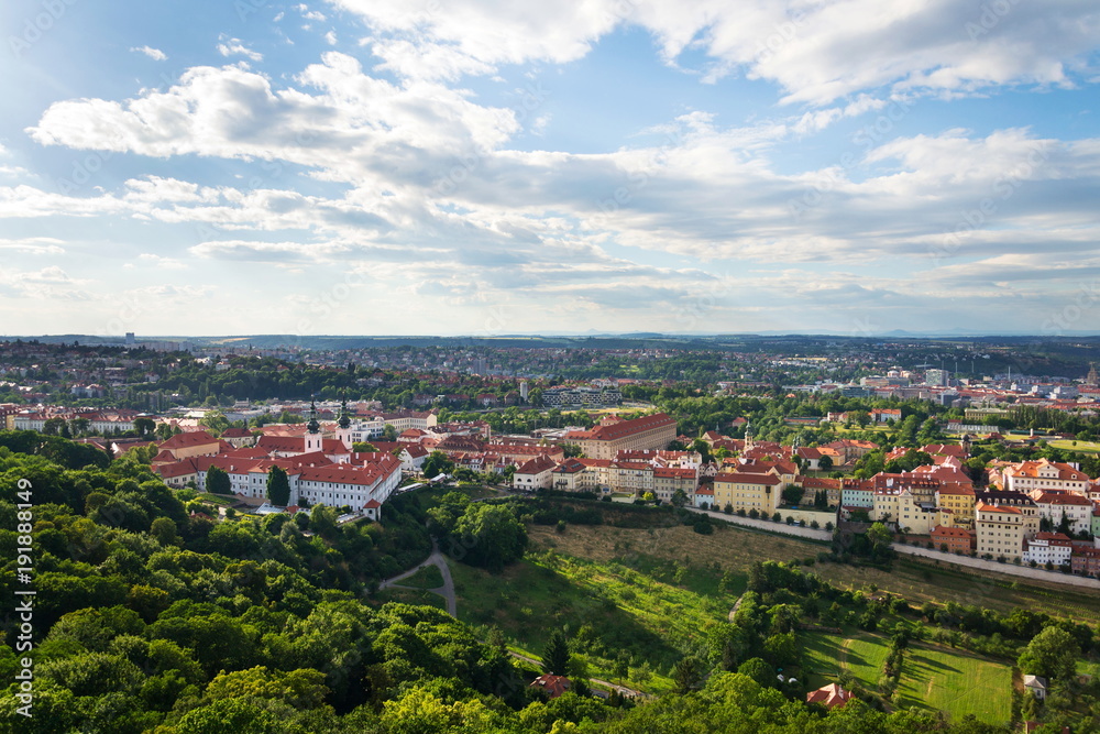 Prague panorama from Petrin tower with the Strahov Monastery - Royal Canonry of Premonstratensians at Strahov, Prague, Czech Republic