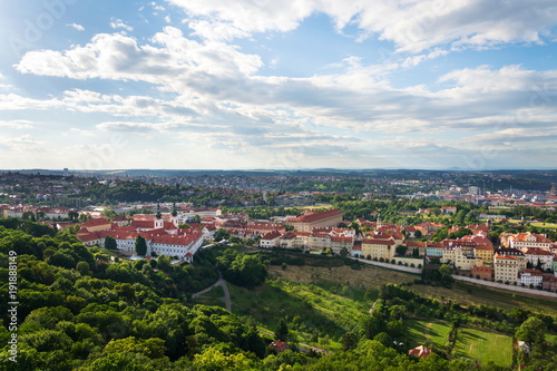 Prague panorama from Petrin tower with the Strahov Monastery - Royal Canonry of Premonstratensians at Strahov, Prague, Czech Republic