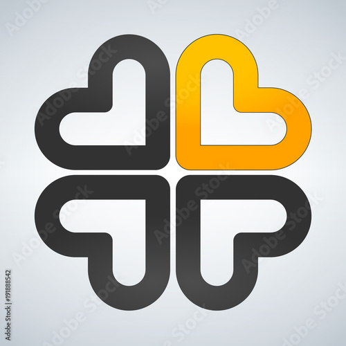 Fototapeta Naklejka Na Ścianę i Meble -  Four hearts social vector symbol. Heart cross logotype. Abstract flower leaf.