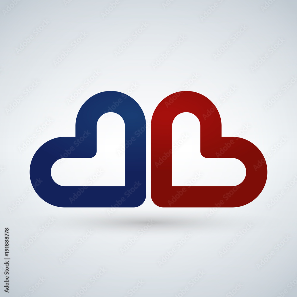 two blue and red hearts, love, vector icon isolated on white background. two blue and red hearts, love, vector icon isolated on white background.